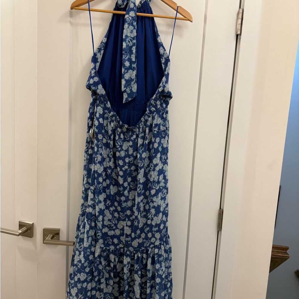 Sold! Chelsea Blue Surf Aster Floral Print Tiered Halter Neck Midi dress - Picture 7 of 8